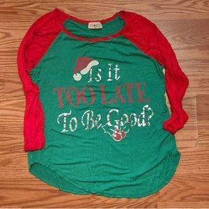 🎄💋 Too Late to Be Good? Christmas Tee · Free Kisses · Size M